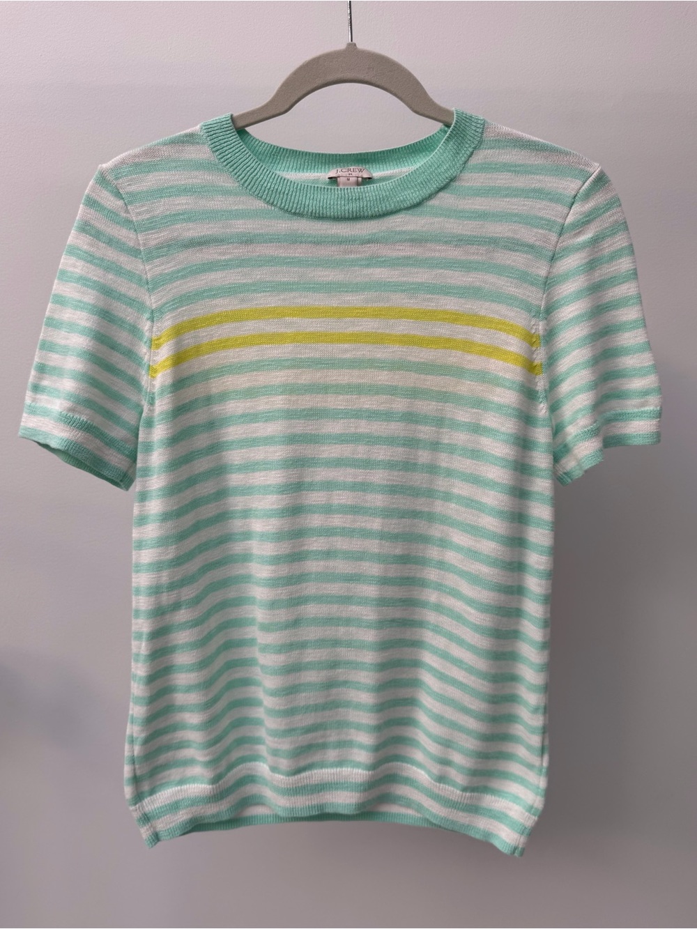 J. Crew Striped Short-Sleeve Cotton Knit Top in Mint & White, Size M